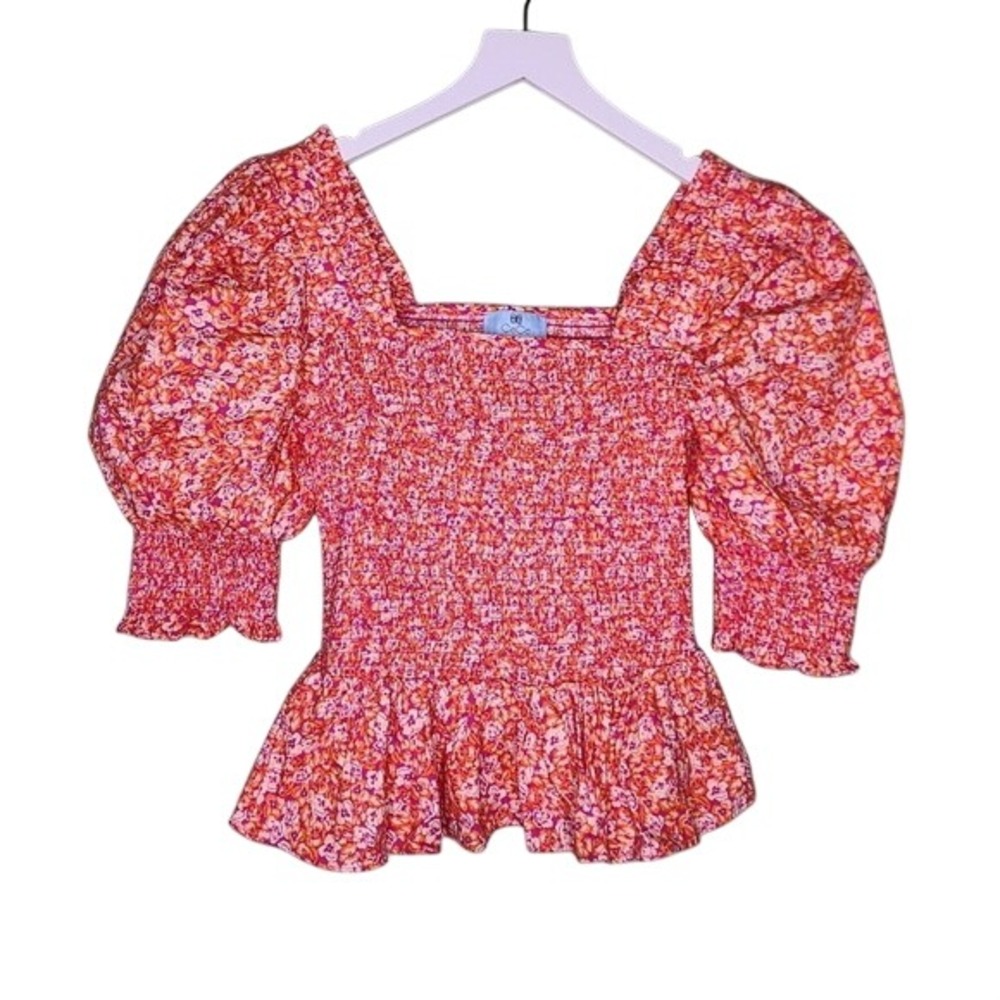 CeCe Orange Pink Floral Top Boho‎ Cottage Milkmaid Smocked Puff Sleeve S
